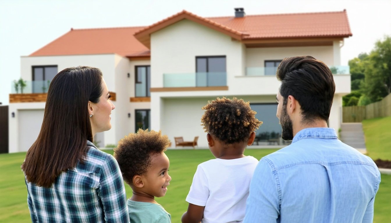 family and realtor looking at multi-family housing