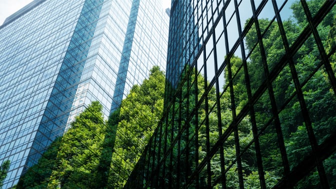 Tall glass buildings reflecting trees